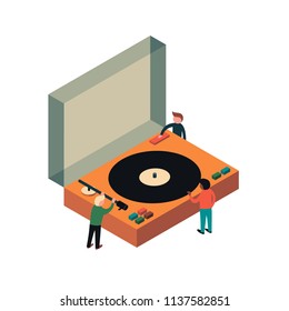 Turntable and peoples isometric flat design isolated, vector illustration, icon. White background.