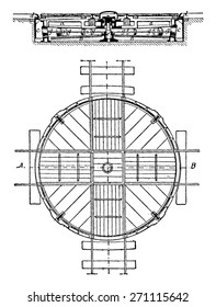 Turntable, Plan and section, vintage engraved illustration. Industrial encyclopedia E.-O. Lami - 1875.