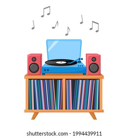 Turntable playing vinyl record. Retro audio device with acoustic system. Analog music player with vinyl collection. Vector