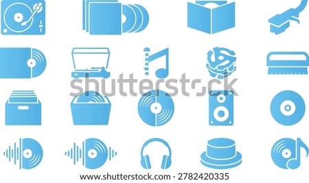 Turntable and record icons. Audio speakers and headphones. Music production equipment for hi-fi sound and dj culture.