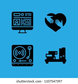 turntable, shaking hands inside a heart, shelf and television icons vector in sample icon set for web and graphic design