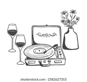 Turntable sound mixer hand drawn outline illustration. Vinyl record player, wine glasses and flowers romantic dinner composition