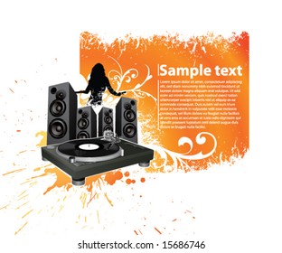 turntable with the speaker and an orange back for the text