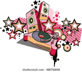 Turntable and speakers on trendy starry background