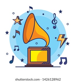 turntable with treble clef and quaver with beam notes