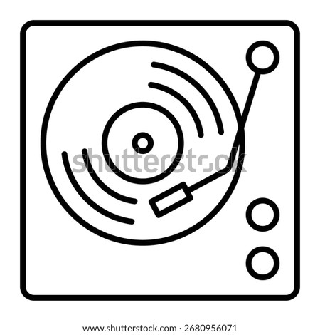 Turntable vector icon. Black line art of vinyl record player with tonearm. Retro music playback symbol for DJ, audio, or vintage design.