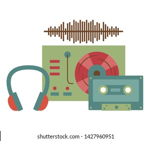 turntable vinyl cassette headphone instrument and equipment festival music vector illustration