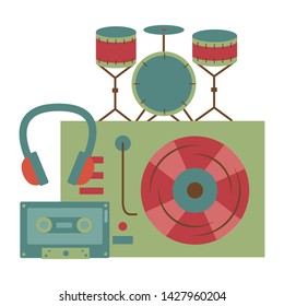 turntable vinyl drum headphone cassette instrument and equipment festival music vector illustration