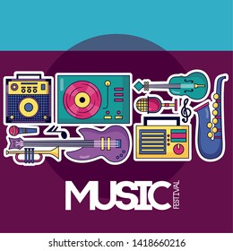 turntable vinyl guitar fiddle saxophone trumpet instruments festival music poster vector illustration