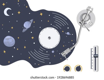 Turntable with vinyl record in the form of space with planets and stars. Stylized symbol. Music is a whole universe of inspiration. Vector illustration.