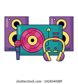 turntable vinyl record microphone headphones speakers music vector illustration