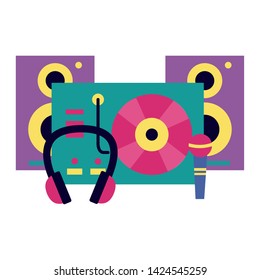 turntable vinyl record microphone headphones speakers music vector illustration