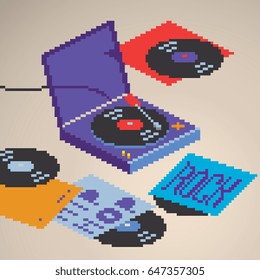 Turntable vinyl record player being played with rock and hip-hop lettering records vinyls covers, isometric view, pixel art style vector graphic illustration.