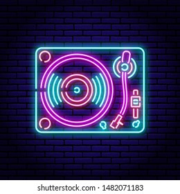 Turntable, vinyl record player. Neon sign on a brick wall background. Blue violet red colors