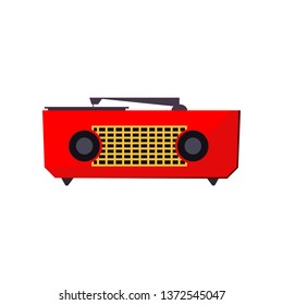 Turntable vinyl record player. Red retro device.  
