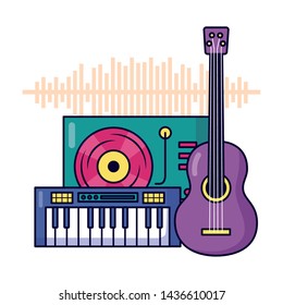 turntable vinyl record synthesizer guitar music festival vector illustration