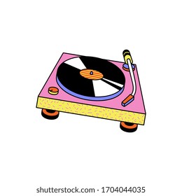 Turntable or vinyl recorder colorful icon or symbol in pop art style, cartoon vector illustration isolated on white background. Retro musical sign and record player.