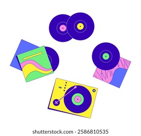 Turntable, vinyl records and album covers cartoon flat illustration. Vintage sound. Lp recordplayer. Analog music retro 2D composition isolated on white background. Vector colorful image