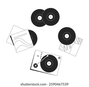 Turntable, vinyl records and album covers linear illustration. Vintage sound. Lp recordplayer 90s 70s. Analog music retro 2D line composition isolated on white. Monochrome vector outline image