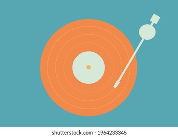 Turntable vinyl records on colored background. Vintage electronics. Retro old school style. Playing music on vinyl. LP. Vintage musical equipment. Colorful flat isolated vector illustration. Tonearm  