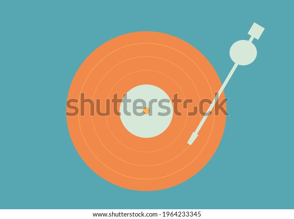 Turntable vinyl records on colored background. Vintage\
electronics. Retro old school style. Playing music on vinyl. LP.\
Vintage musical equipment. Colorful flat isolated vector\
illustration. Tonearm \
