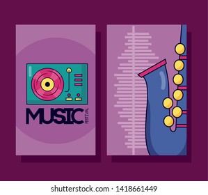 turntable vinyl saxophone banner festival music vector illustration