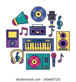 turntable vinyl synthesizer microphone mp3 headphone speaker music festival vector illustration