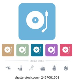 Turntable white flat icons on color rounded square backgrounds. 6 bonus icons included