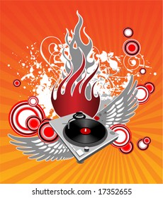 Turntable with wings on modern grunge background, vector illustration