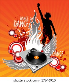 Turntable with wings on modern grunge background, vector illustration