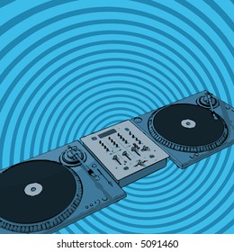 turntables & audio mixing console with retro background (vector format)