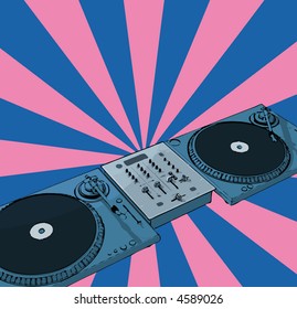 turntables & audio mixing console with twirl background (vector eps format)