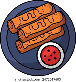 Turon wrapper vector color icon design, Pan-Asian cuisine symbol, Most Popular Dishes Sign,Casual eats stock illustration, Chicken Spring roll with Red Sauce Concept