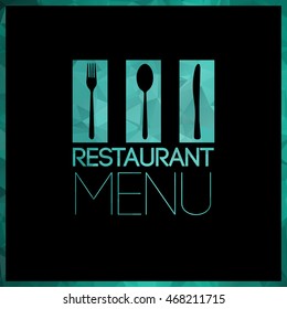 Turqouise cutlery kitchen polygon menu design. Triangle restaurant background