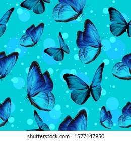 Turquise butterflies and blue bubbles on background flying. Seamless pattern, repetitive pattern for spring and summer insects.