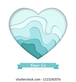 Turquois abstract layout - vector paper cut banner in a heart shaped frame on white background with place for your info. High quality carving art, presentation, invitation template. Romantic theme