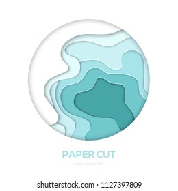 Turquois abstract layout - vector paper cut banner in a round frame on white background with place for your information. High quality carving art, presentation, flyer, card and invitation template