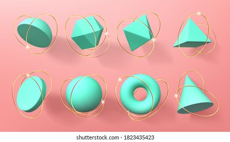 Turquoise 3d geometric shapes with golden rings. Vector realistic set of abstract render figures, sphere, cone, pyramid, octahedron and torus. Volumetric geometry forms isolated on pink background