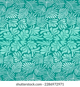 Fondo abstracto de color turquesa con hojas de palmera tropicales al estilo Matisse. Patrón de vectores sin fisuras con elementos de corte escandinavos.