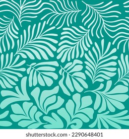 Turquoise abstract background with tropical palm leaves in Matisse style. Vector seamless pattern with Scandinavian cut out elements.
