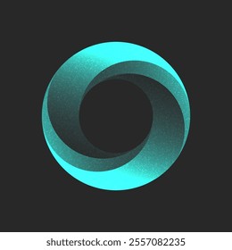 Turquoise abstract circular logo, impossible object of the ring shape with a gradient 3d design with smooth transitions and noise textures on a dark background.