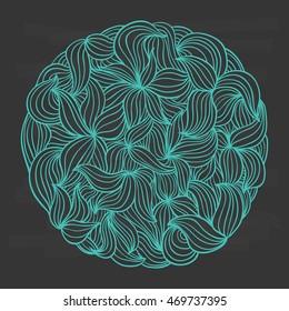 Turquoise abstract flower line art in circle using doodle art on chalkboard background