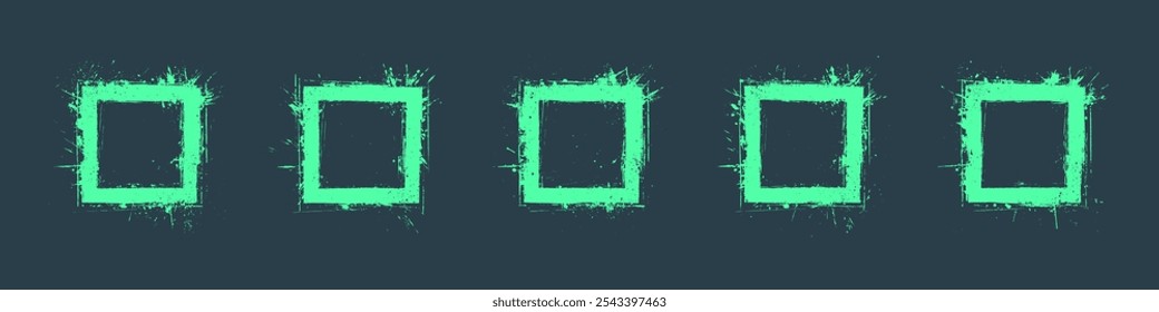Turquoise Abstract Hand Drawn Rough Grunge Style Square Frames Vector Set Isolated on Background. Handdrawn Grungy Graphical Square Shapes with Splatter and Drips Clip Art Collection. Art Illustration