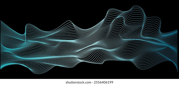 Turquoise abstract line arts background. Blue Energy Flow, wave blend futuristic technology, Metallic voile digital, Glowing vector design for banner, wallpaper