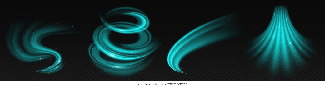 Turquoise air wind flow vector effect set. Magic 3d fresh swirl with cold and frosty breath stream. Fantasy mint vortex tornado with dust and sparkle. Peppermint twist on transparent background