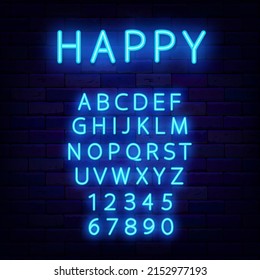 Turquoise alphabet. Night brick wall background. Happy inscription. Shiny abc for text. Glowing effect poster. Editable stroke. Vector stock illustration