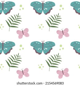 Turquoise ans pink butterflyes seamless pattern fith palm fern. Colorful cartoon vector repeat background. Hand drawn spring summer design element. Digital paper, wrapping fabric, skinny tumbler