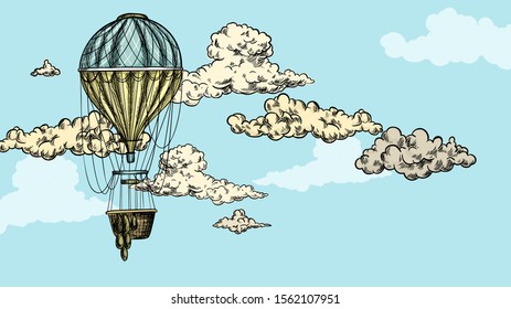 Turquoise antique air balloonin the sky, surrounded by clouds, hand drawn vector illustration