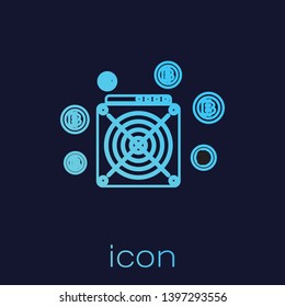 Turquoise ASIC Miner line icon isolated on blue background. Cryptocurrency mining equipment and hardware. Application specific integrated circuit. Vector Illustration