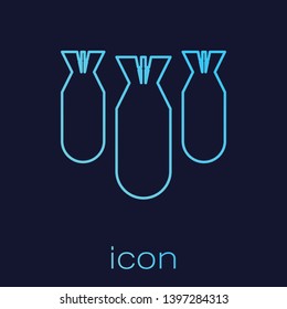 Turquoise Aviation bombs line icon isolated on blue background. Rocket bomb flies down. Vector Illustration